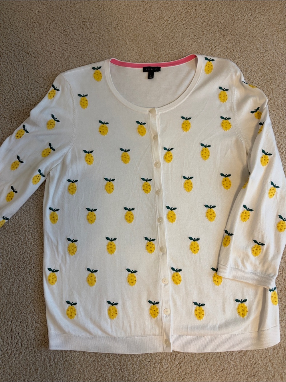 Talbots White Cardigan with beaded Yellow Pineapple Motif